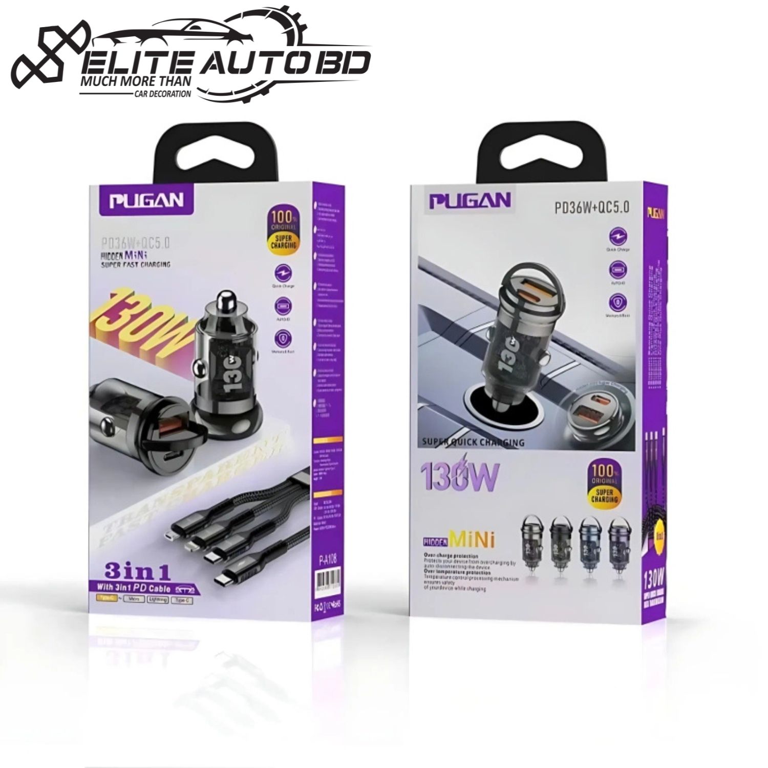 Pugan PD36W+QC5.0 130W Mini Super Fast Car Charger with 3-in-1 Cable | CHARGER | Elite Auto BD