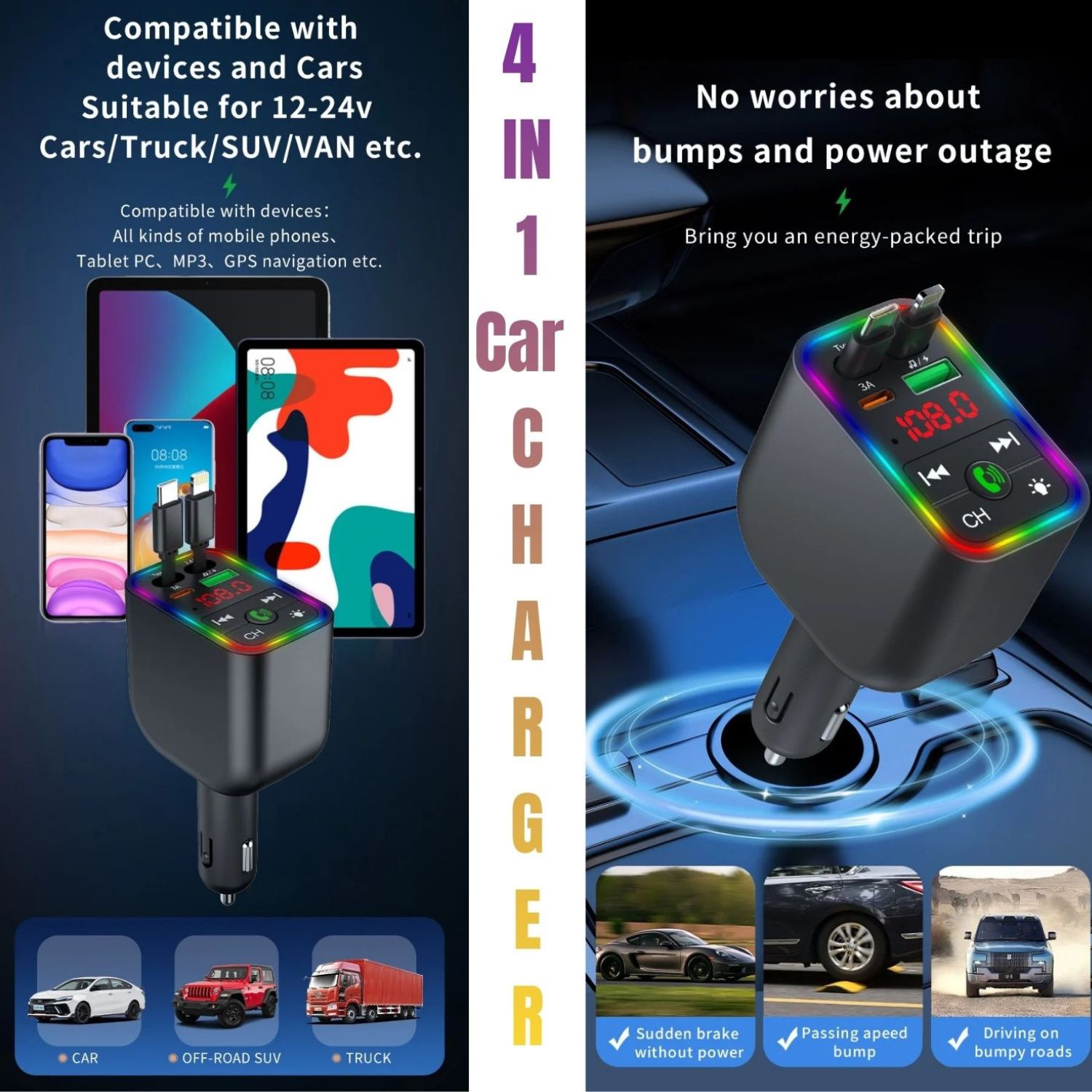 4-in-1 Bluetooth FM Transmitter Car Charger Adapter | Hands-Free Calling & Dual USB Fast Charging for 12V-24V Cars, Trucks, SUVs | CHARGER | Elite Auto BD