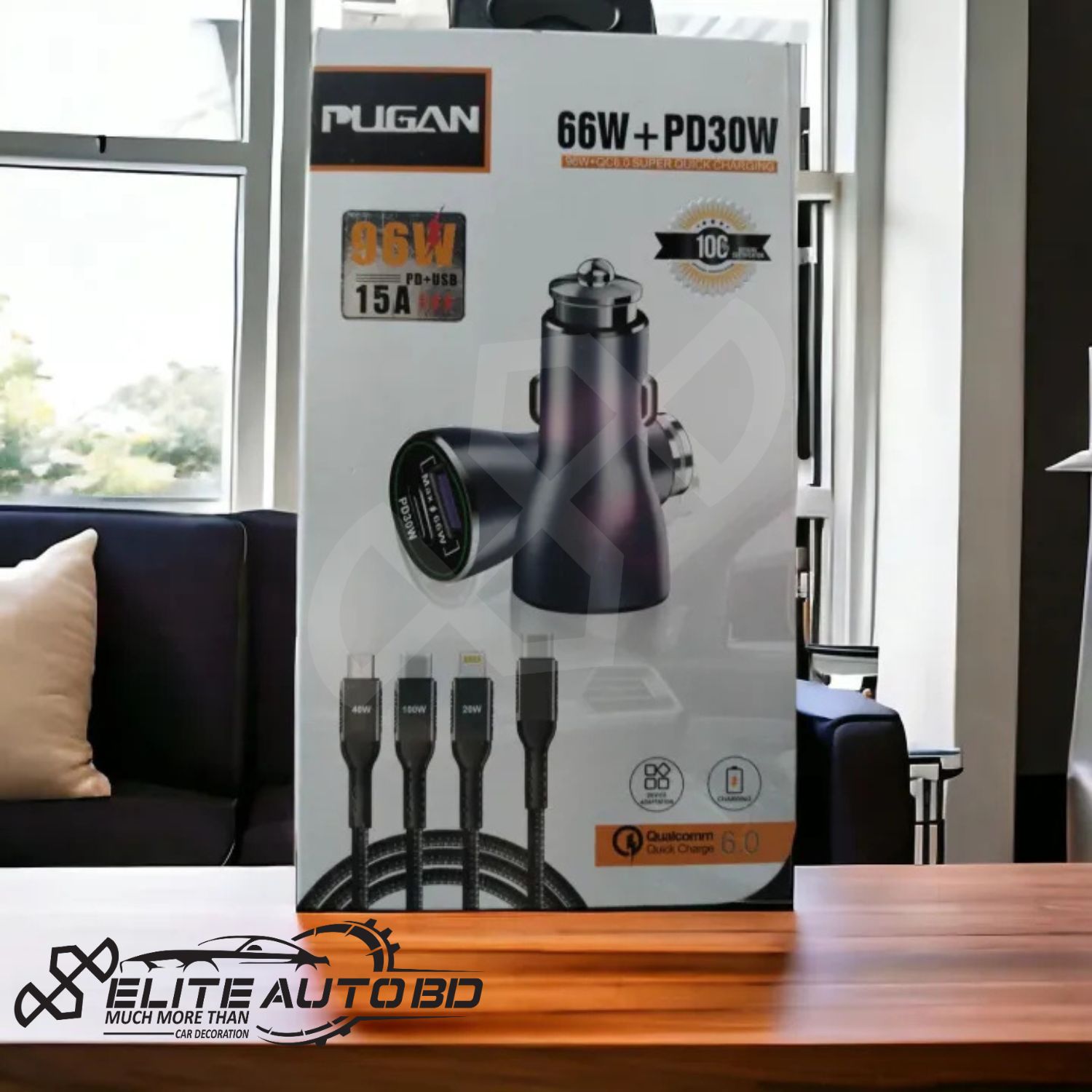 Pugan 96W Super Fast Car Charger | Dual USB Ports & 3-in-1 Cable | CHARGER | Elite Auto BD