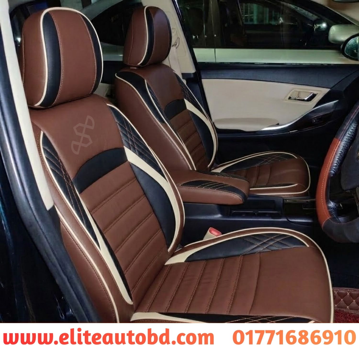 Toyota Premio/Allion Custom Design Seat Covers (Premium) White Piping with Black & Coffee Colour VIP | Car Seat Cover | Elite Auto BD
