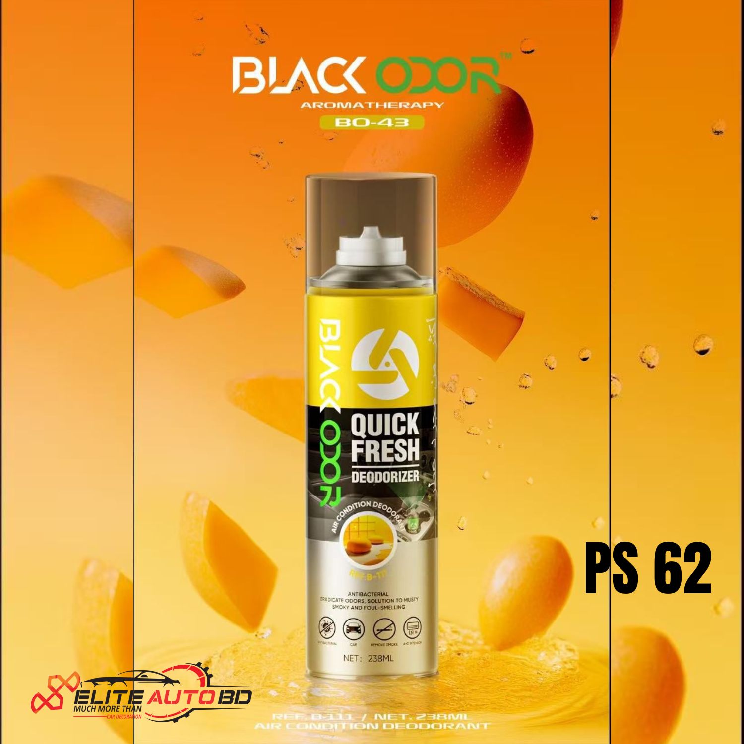 Black Odor Air Condition Deodorant Spray - Quick Fresh Antibacterial Odor Eliminator | PS 62 | Elite Auto BD