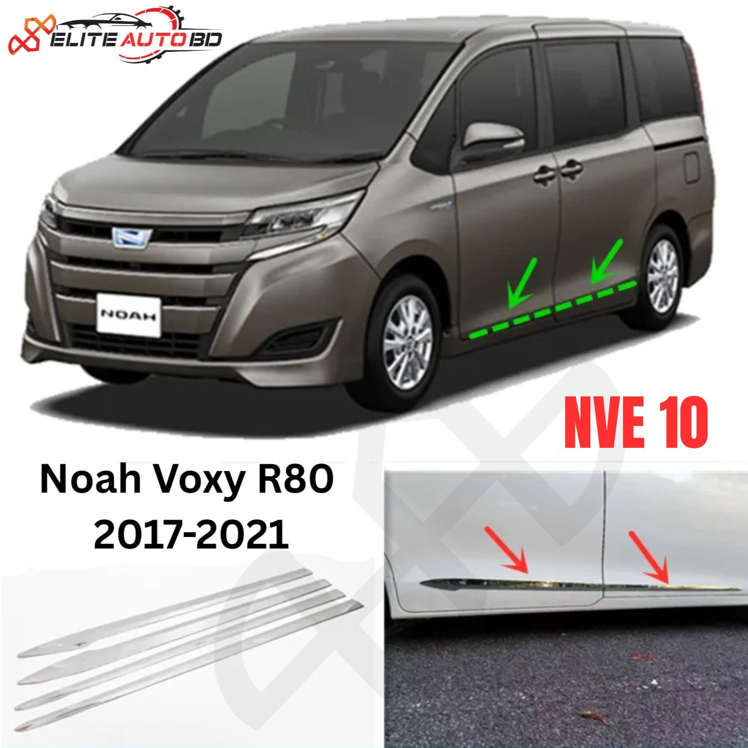 Toyota Noah Voxy R80 Side Molding Garnish Trim | Voxy R80 2017-2021 ABS Chrome 4-Pc Set | Noah | Esquire | Voxy | NVE 10 | Elite Auto BD