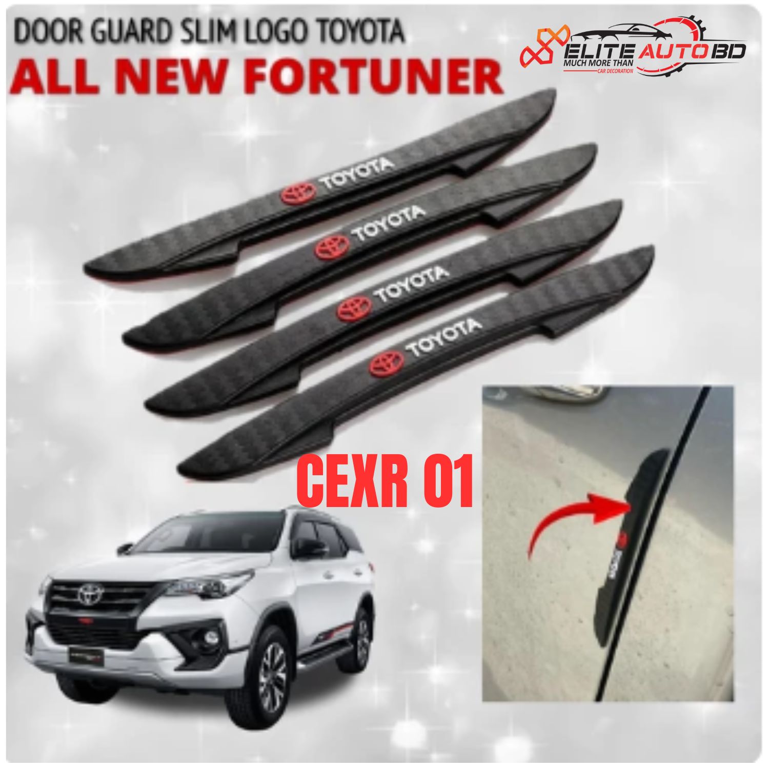 Toyota Fortuner Slim Door Guard Protector – Premium Black Rubber Edge Protection with Logo (4 Pcs Set) | CEXR 01 | Elite Auto BD