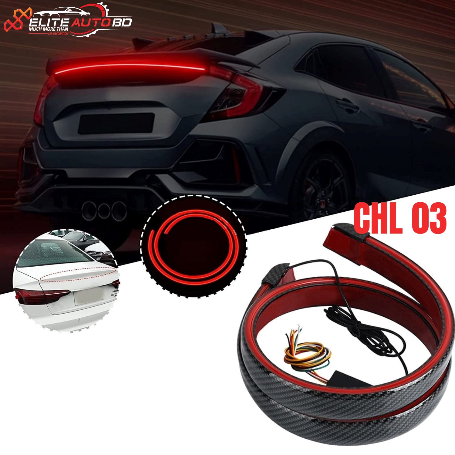 Universal Car Rear Trunk Dicky Spoiler Third Brake Light Turn Signal Red Daytime Running Led Strips Universal Rear Spoiler Lip Roof Wing Light...  | CHL 03 |  Elite Auto BD