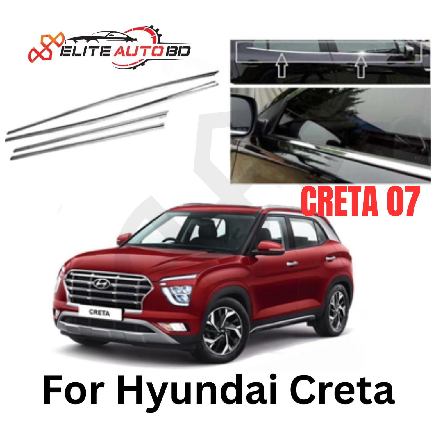 Hyundai Creta Window Chrome Garnish – 100% Rust Free Guaranteed Lower Window Garnish Compatible with Hyundai Creta 2020-2024 Models - Chrome Color (Pack of 4) | CRETA 07 | Elite Auto BD