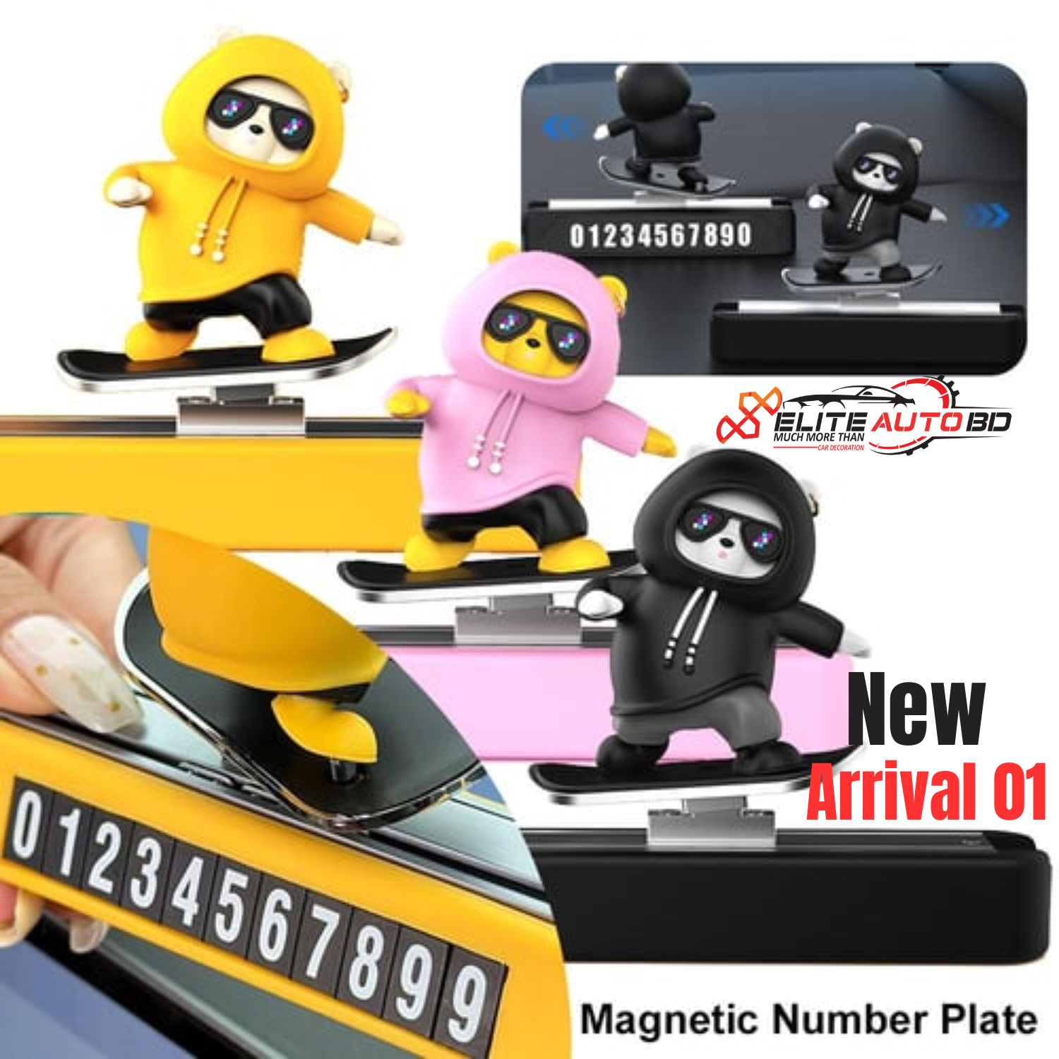 Magnetic Number Plate Universal Sliding Skateboard Bear Car Ornaments Silicone Cute Cartoon Doll Auto Interior Decoration | New Arrival 01 | Elite Auto BD