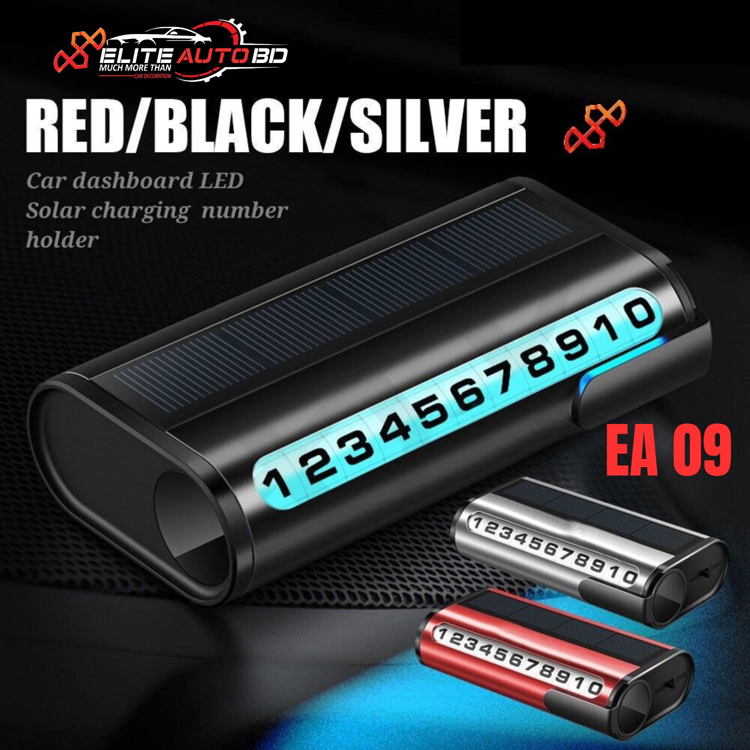 Solar-Powered Car Parking Number Plate – Luminous Temporary Phone Number Card for Car Dashboard | EA 09 | Elite Auto BD