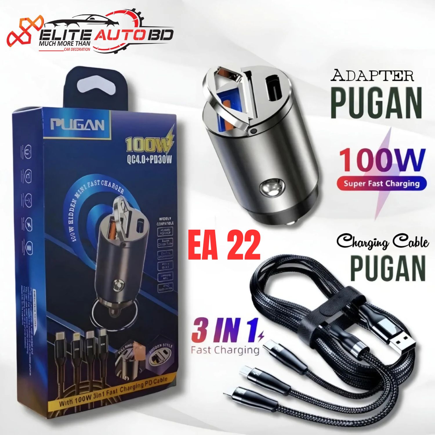 Genuine Pugan 100W Super Fast Car Charger with 3-in-1 PD Cable & Dual USB Ports | CHARGER | EA 22 | Elite Auto BD