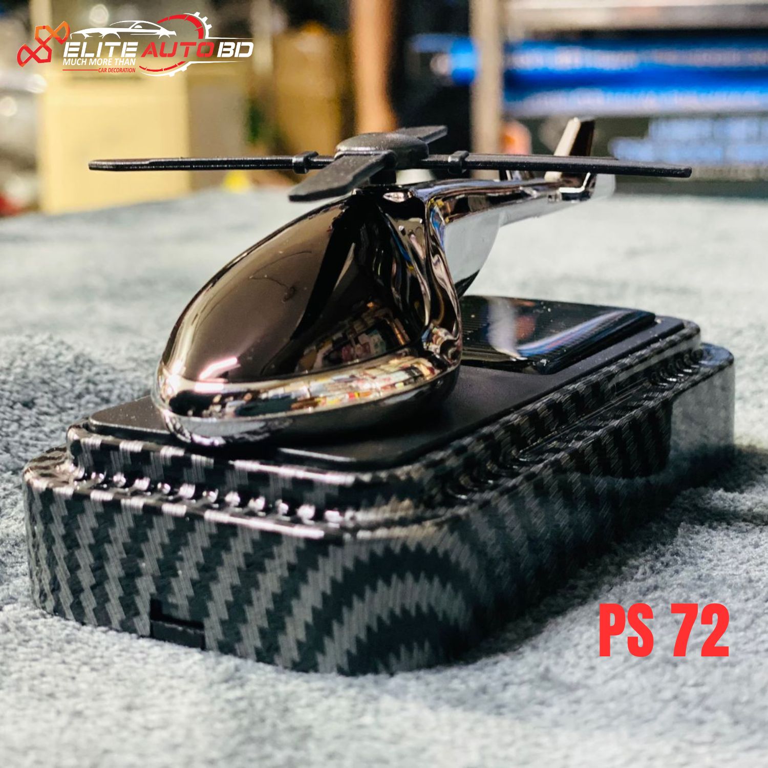 Solar Powered Rotating Helicopter Car Air Freshener - Premium Dashboard Decoration & Aroma Diffuser (Carbon Fiber Base) | PS 72 | Elite Auto BD