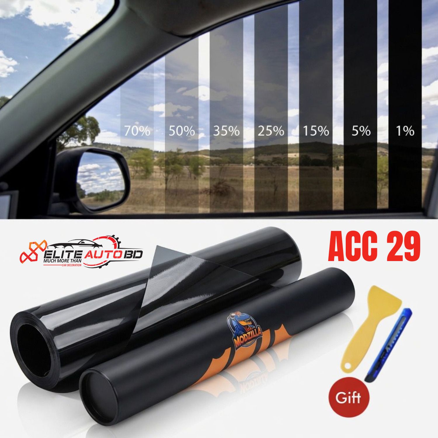 Premium Car Window Tint Film Kit - Heat & UV Protection (1%, 5%, 15%, 25%, 35%, 50%, 70% VLT) | ACC 29 | Elite Auto BD