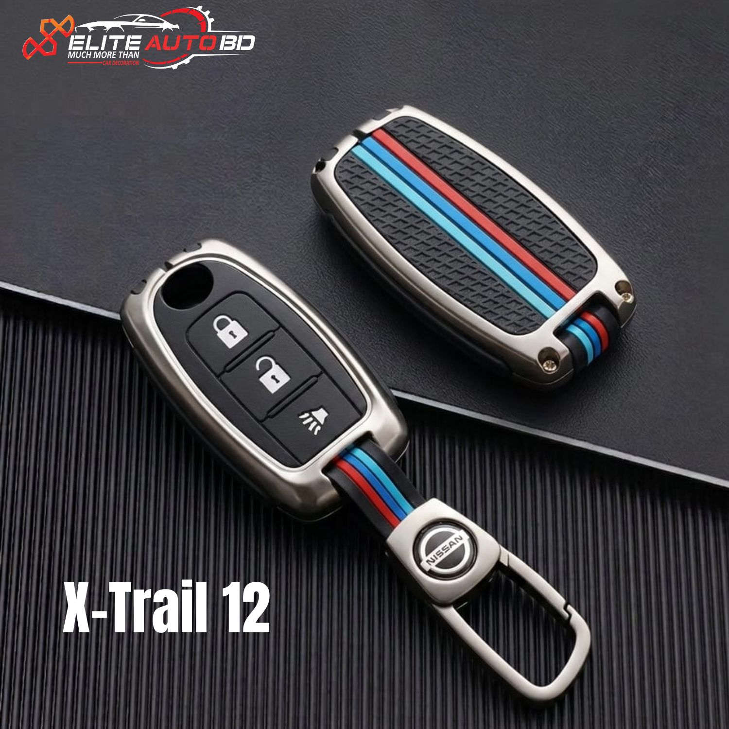 Metal Key Cover Premium Zinc Alloy key cover for Nissan X-Trail, 3-button smart key protector, Nissan car accessories Bangladesh, durable car remote key shell with leather strap | X-Trail 12 | Elite Auto BD