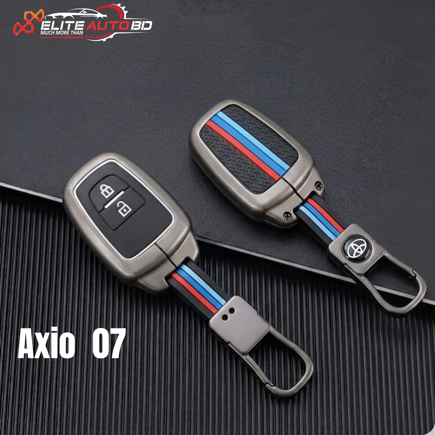 Premium Zinc Alloy Toyota  Metal Key Fob Cover with Tri-Color StrapSoft Silicone 2 Button for Toyota Models: | Axio | Allion | Premio | Hiace | Axio 07 | Elite Auto BD