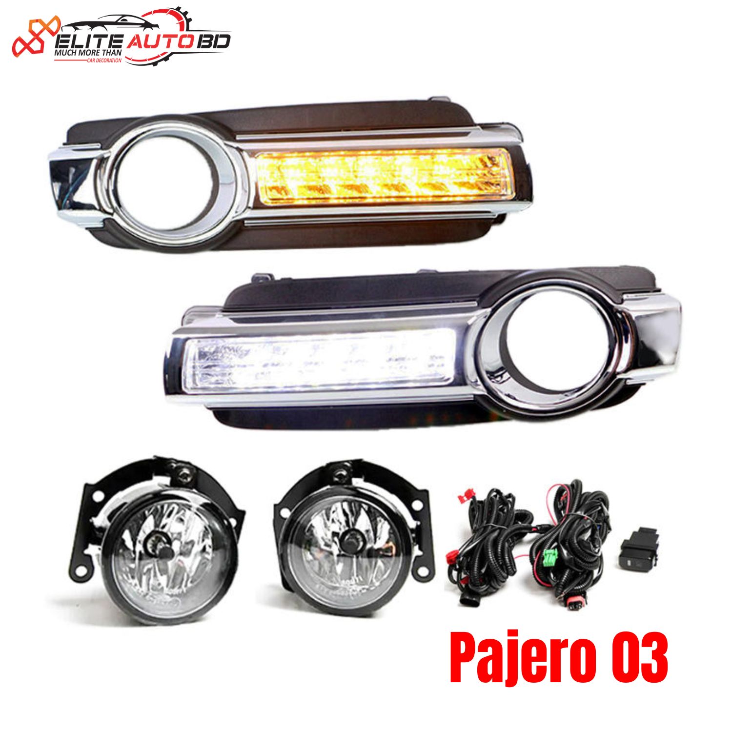 Dual Color White Amber LED Daytime Running Lights with Bumper Fog Lamps for Mitsubishi Pajero Montero | Pajero 03 | Elite Auto BD