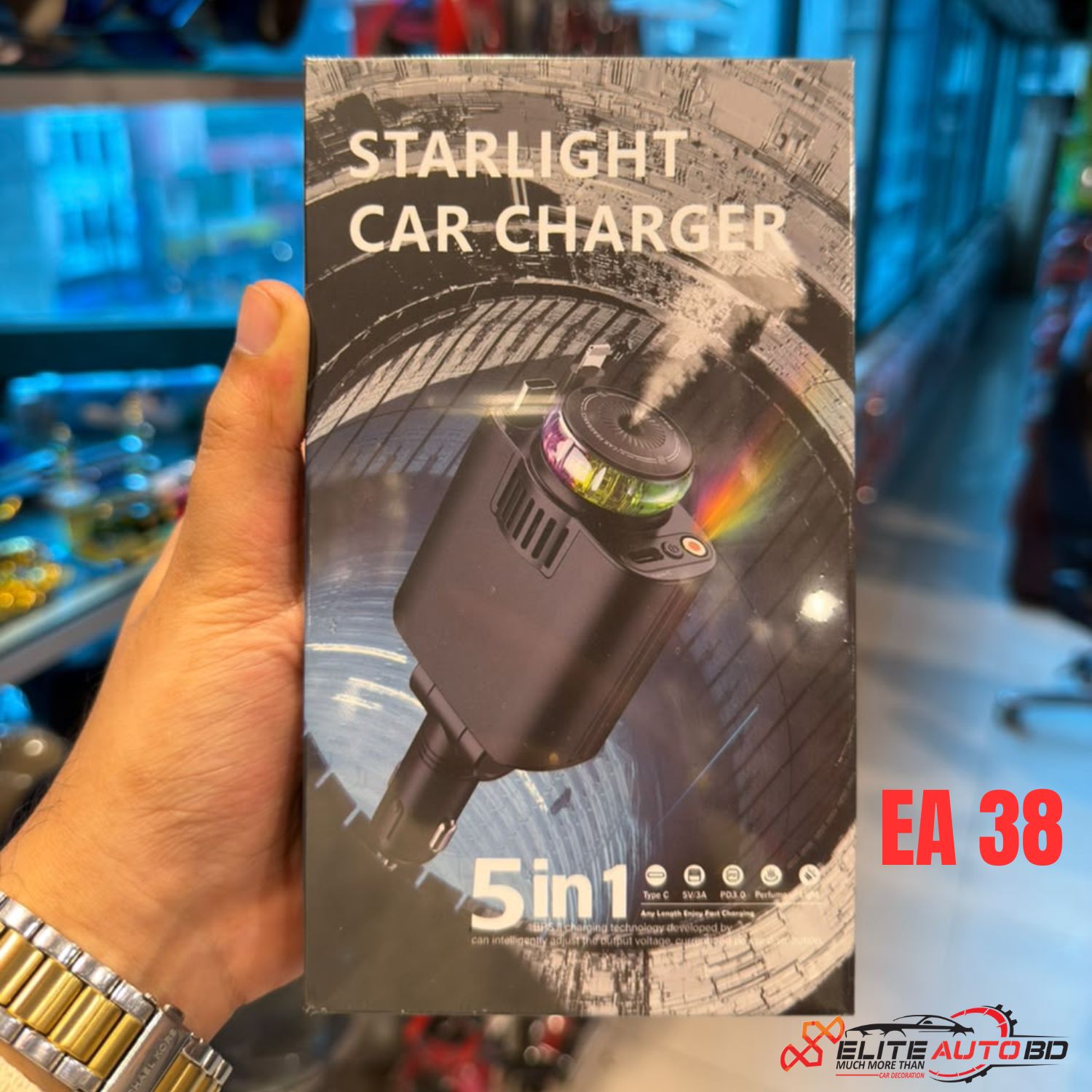 5-in-1 Starlight Car Charger with Retractable Type-C Fast Cable & Aromatherapy Diffuser | EA 38 | Elite Auto BD